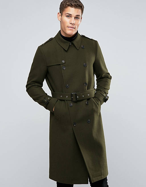 ASOS Wool Mix Belted Double Breasted Overcoat in Khaki