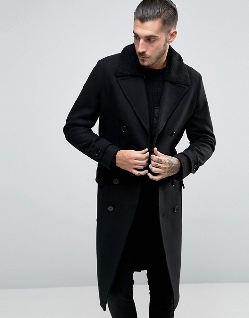 ASOS | ASOS Wool Mix Belted Double Breasted Overcoat with Borg Collar
