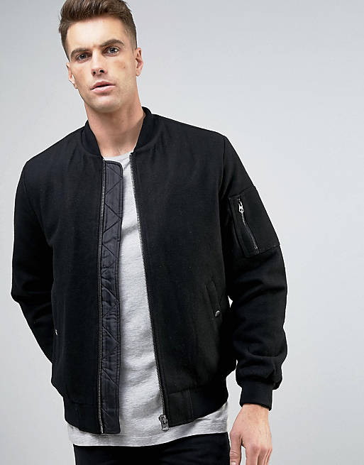 ASOS Wool Mix Bomber Jacket With MA1 Pocket In Black