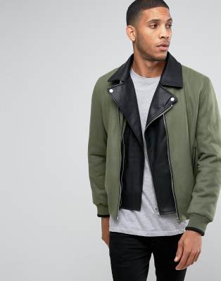 ASOS Wool Mix Bomber Jacket With Removable Biker In Khaki