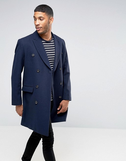 ASOS | ASOS Wool Mix Double Breasted Overcoat In Navy