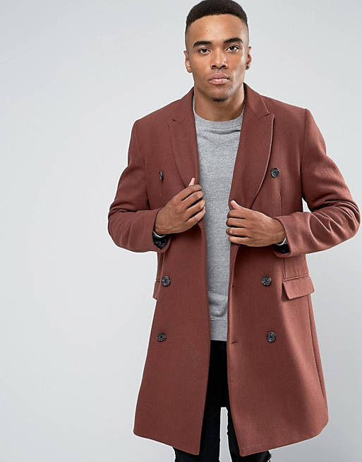 ASOS Wool Mix Double Breasted Overcoat In Rust