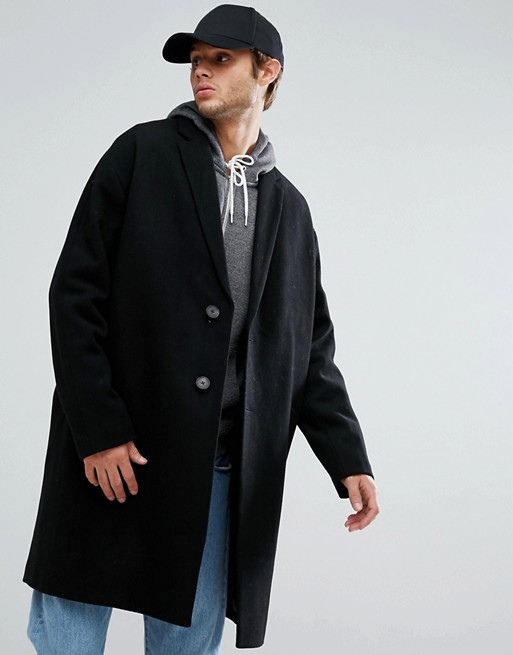 ASOS Wool Mix Drop Shoulder Overcoat In Black | ASOS