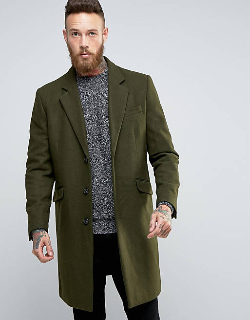 ASOS Wool Mix Overcoat In Khaki | ASOS