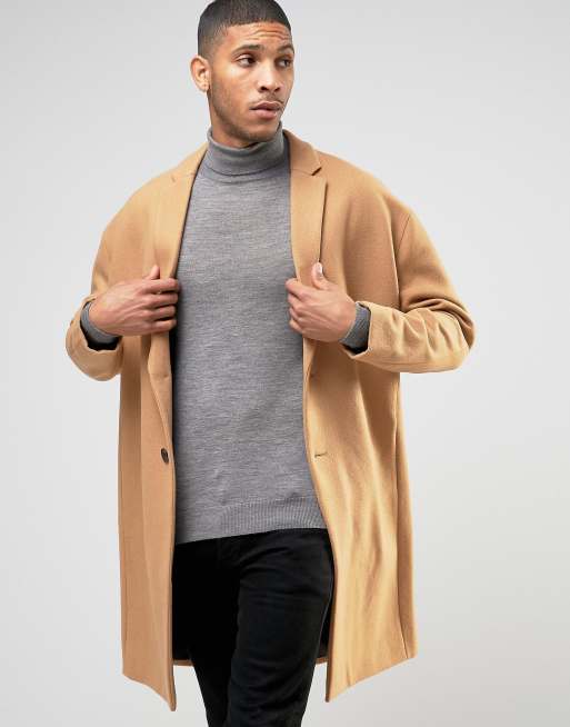 ASOS Wool Mix Overcoat with Drop Shoulder In Camel