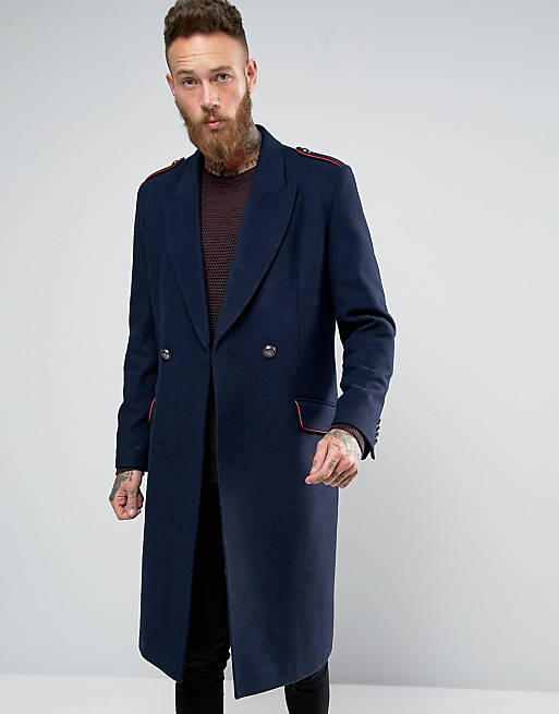 ASOS Wool Mix Overcoat with Military Styling in Navy | ASOS