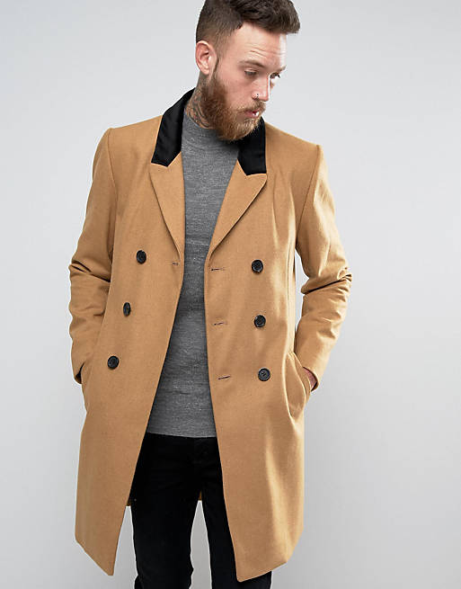 ASOS Wool Mix Overcoat with Velvet Collar In Camel | ASOS