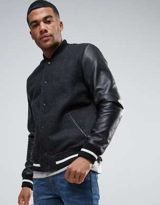 Topman wool mix varsity jacket with faux leather sleeves in black and white