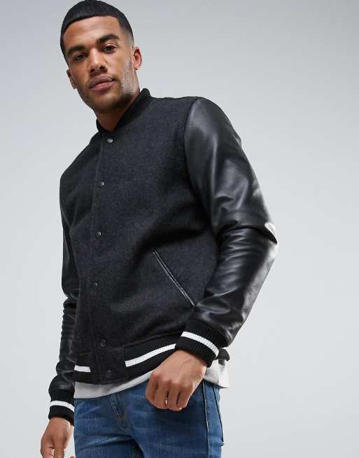 ASOS Wool Mix Varsity Jacket with Leather Sleeves in Black