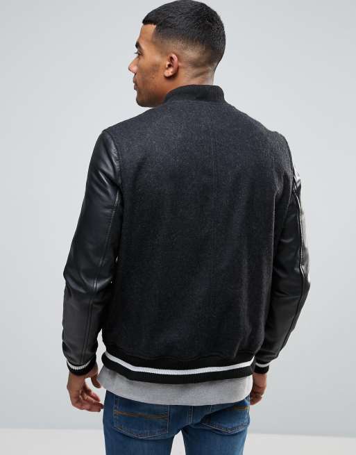 ASOS Wool Mix Varsity Jacket with Leather Sleeves in Black