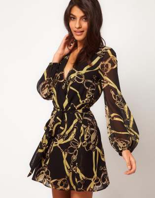 chain print wrap dress