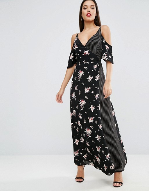 ASOS | ASOS Wrap Front Maxi Dress with Cold Shoulder in Mixed Print