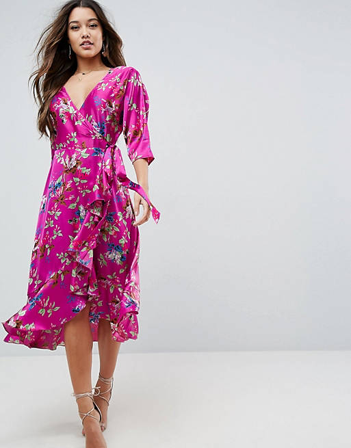 ASOS Wrap Ruffle Midi Dress in Floral Print