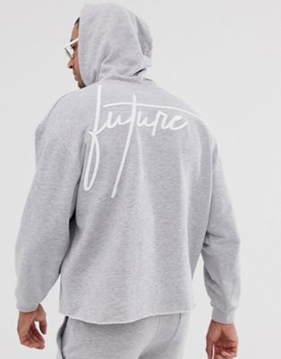 ASOS x Dark Future - Oversized cropped hoodie met onafgewerkte zoom, print op de rug en logo, combi-set-Grijs