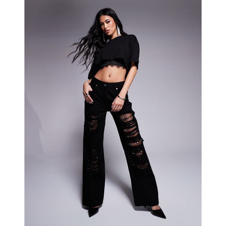 ASOS X THE SOURCED COLLECTION baggy jean with diamante lace and