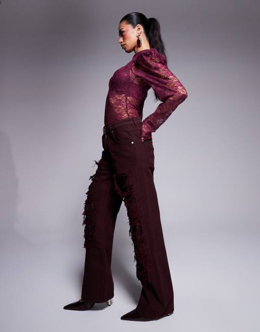 ASOS X THE SOURCED COLLECTION baggy jeans with lace and rips in burgundy, 3 of 5