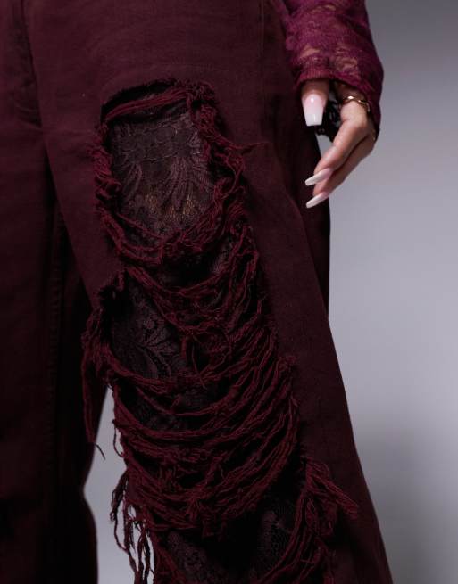 ASOS X THE SOURCED COLLECTION baggy jeans with lace and rips in burgundy, 5 of 5