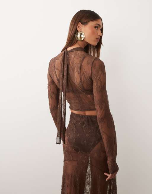 ASOS X The Sourced Collection – Brązowy koronkowy top z długimi rękawami, 3 z 4