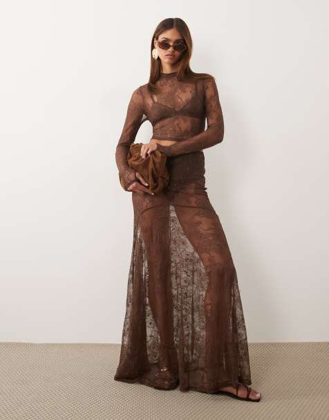 ASOS X THE SOURCED COLLECTION - Brun maxinederdel i blondemateriale - view 1