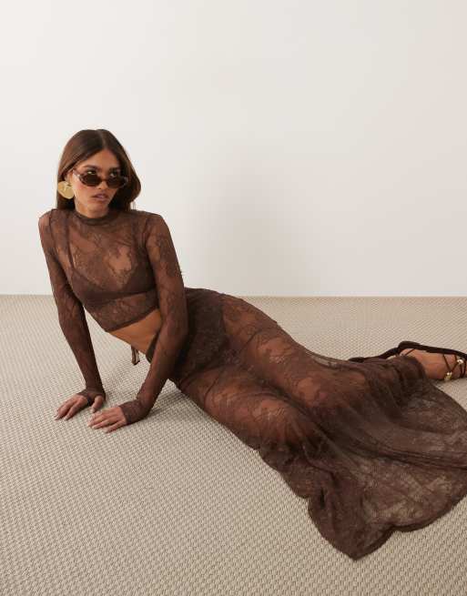 ASOS X THE SOURCED COLLECTION - Brun maxinederdel i blondemateriale, 5 af 5