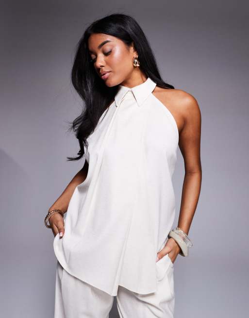 ASOS X THE SOURCED COLLECTION collared halter top in stone, 3 of 4