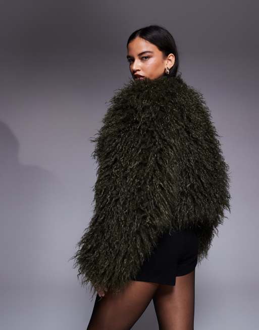 ASOS X THE SOURCED COLLECTION cropped faux fur coat in khaki green, 3 of 4