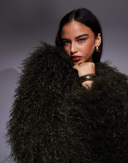 ASOS X THE SOURCED COLLECTION cropped faux fur coat in khaki green