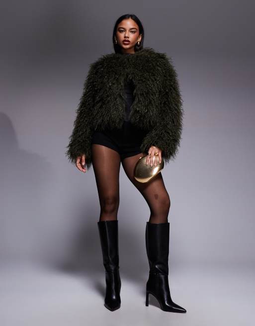 ASOS x THE SOURCED COLLECTION cropped faux fur coat in khaki, 2 of 4