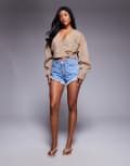 [ASOS DESIGN] ASOS X THE SOURCED COLLECTION distressed micro denim shorts-Multi 10 Mid Blue