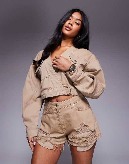 ASOS X THE SOURCED COLLECTION distressed shorts in tan, 2 of 5