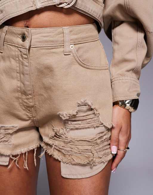 ASOS X THE SOURCED COLLECTION distressed shorts in tan, 5 of 5