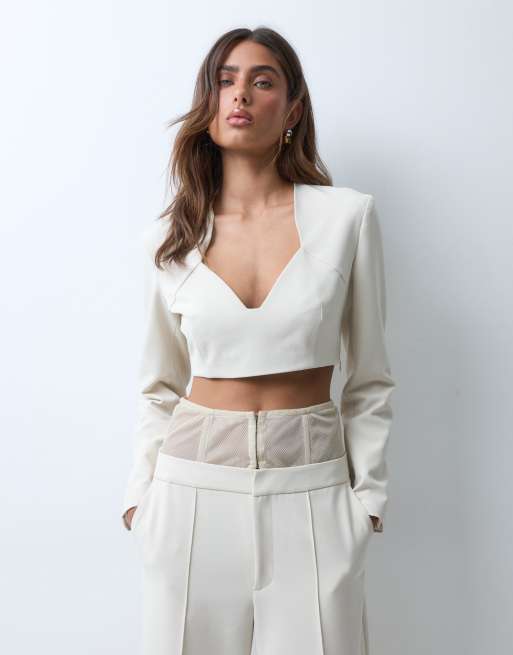ASOS x THE SOURCED COLLECTION – Kremowy zestaw: top i gorsetowe spodnie z szerokimi nogawkami, 2 z 3