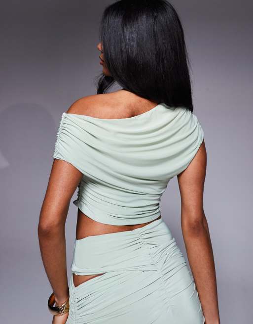ASOS x THE SOURCED COLLECTION draped off shoulder top in sage (part of a set), 4 of 4