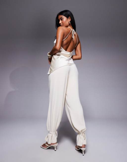 ASOS X THE SOURCED COLLECTION fabric mix tie ankle pants in ecru, 4 of 5