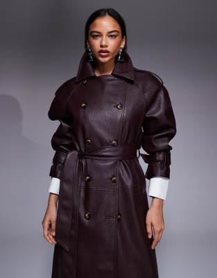 Asos Design Asos X The Sourced Collection Faux Leather Pebble Trench In Brown