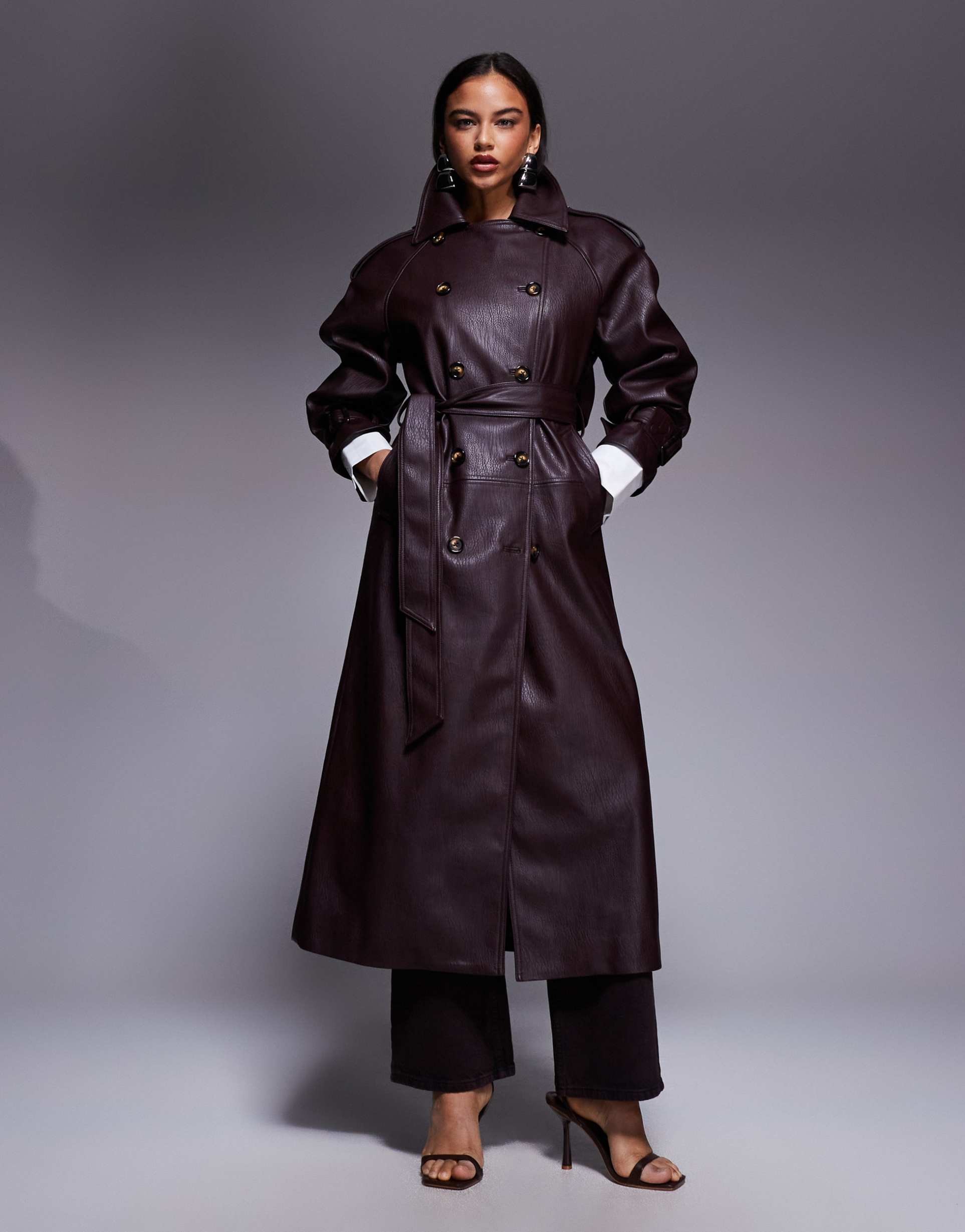 asos x the sourced collection faux leather pebbled trench coat in burgundy