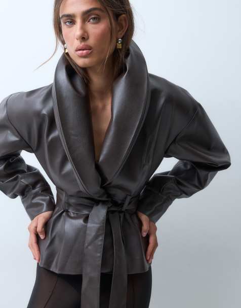 ASOS X THE SOURCED COLLECTION jasje met peplum en vleermuismouwen in bruin imitatieleer - view 1