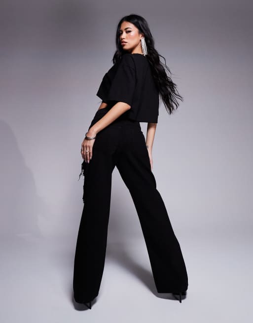 ASOS X THE SOURCED COLLECTION - Jeans ampi neri con strass e strappi con pizzo, 2 di 5