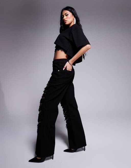 ASOS X THE SOURCED COLLECTION - Jeans ampi neri con strass e strappi con pizzo, 3 di 5