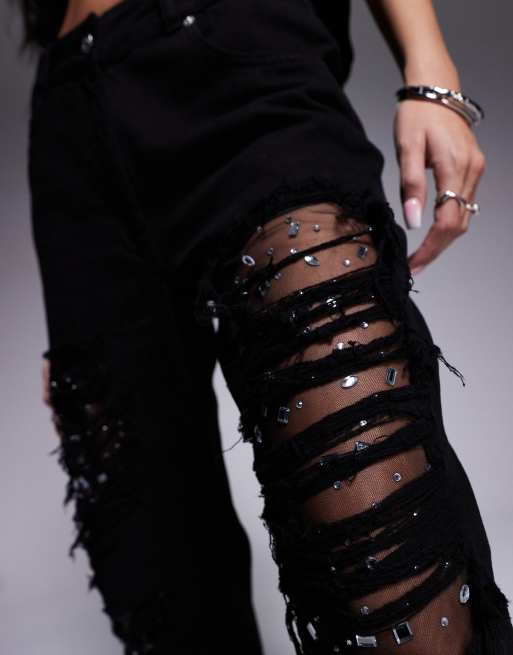 ASOS X THE SOURCED COLLECTION - Jeans ampi neri con strass e strappi con pizzo, 4 di 5