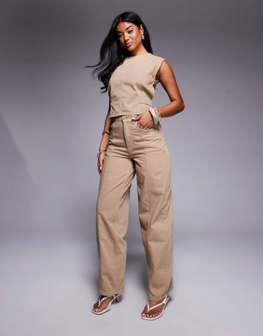 ASOS X THE SOURCED COLLECTION - Jeans met ronde, wijde pijpen en naden in lichtbruin