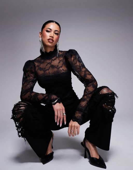 ASOS X THE SOURCED COLLECTION - Kanten top met pofmouwen en hoge hals in zwart