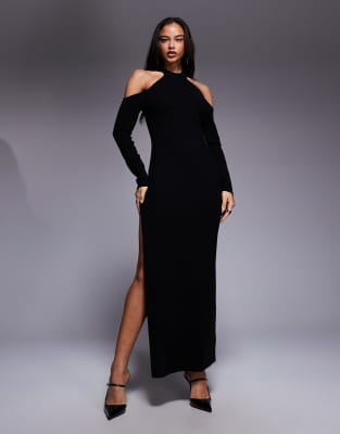ASOS DESIGN ASOS X THE SOURCED COLLECTION knitted dress with sheer panel in black