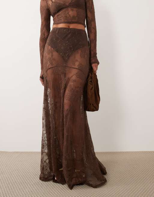 ASOS x THE SOURCED COLLECTION maxi skirt in brown lace, 2 of 5