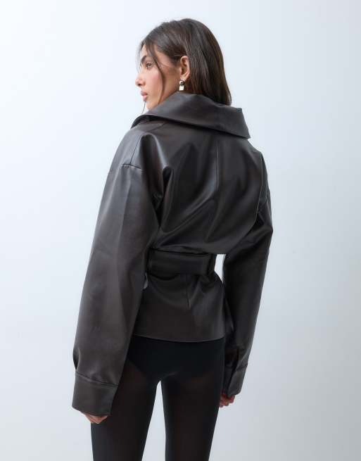 ASOS X THE SOURCED COLLECTION peplum jacket with batwing sleeve in brown faux leather, 2 of 5