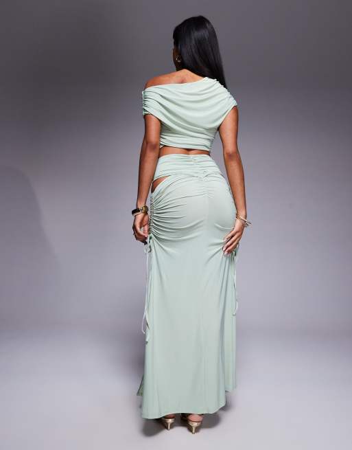ASOS x THE SOURCED COLLECTION ruched maxi skirt in sage - part of a set, 3 of 5