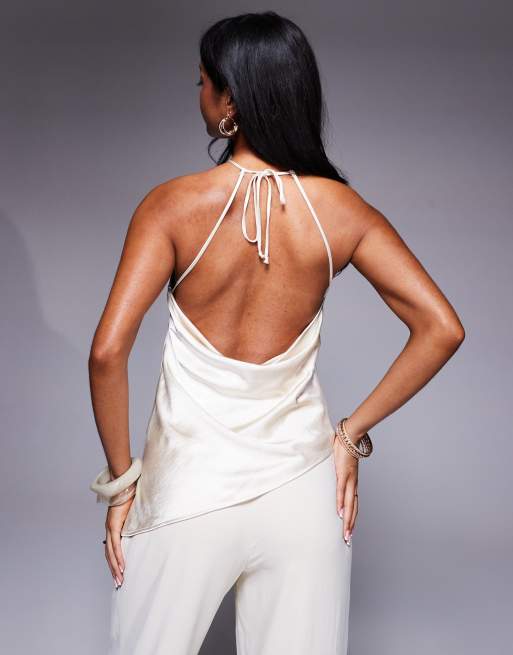 ASOS X THE SOURCED COLLECTION satin asymmetric cami top with trim detail in cream