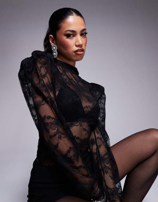 ASOS X THE SOURCED COLLECTION - Sort bodystocking med høj hals og ekstreme rynker i blondestof, 4 af 4