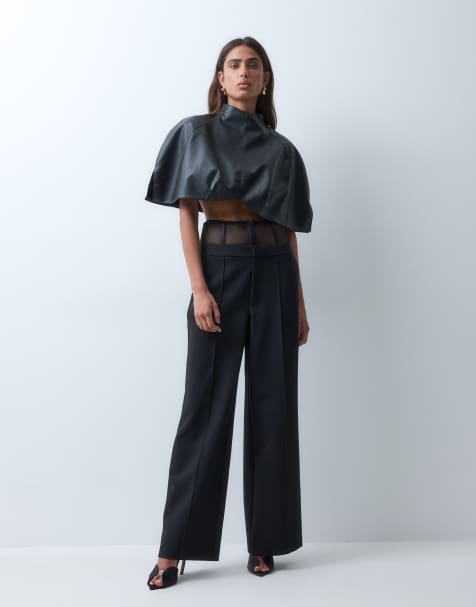 ASOS X THE SOURCED COLLECTION spodnie z szerokimi nogawkami z detalem gorsetowym w talii w kolorze czarnym - view 1