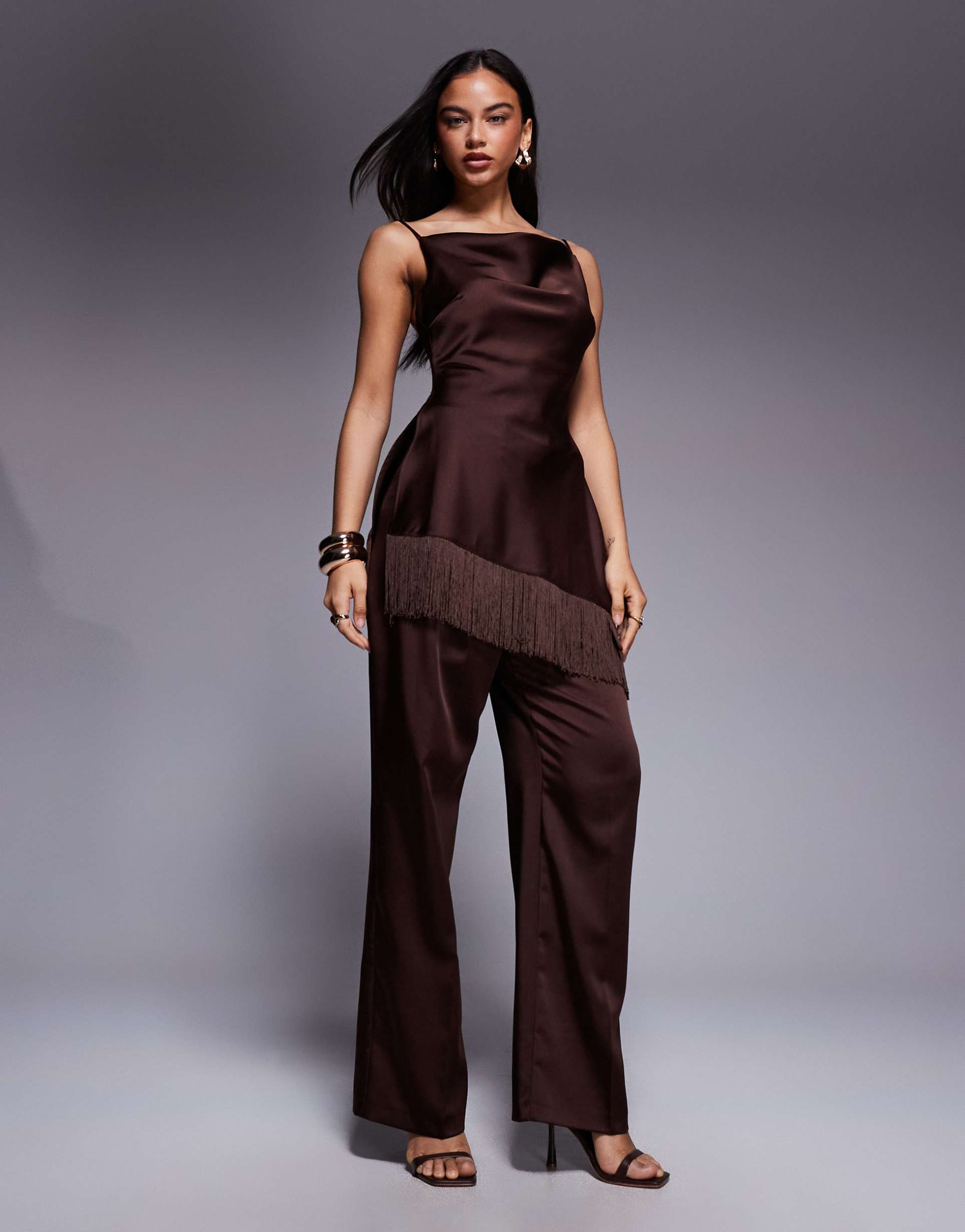 asos x the sourced collection strappy top with fringing in brown